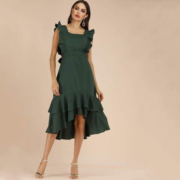 

High Low Tiered Layer Frill Dress, Green