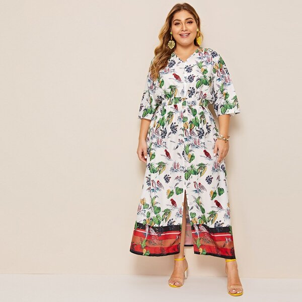 

Plus Floral Print Shirred Split Dress
