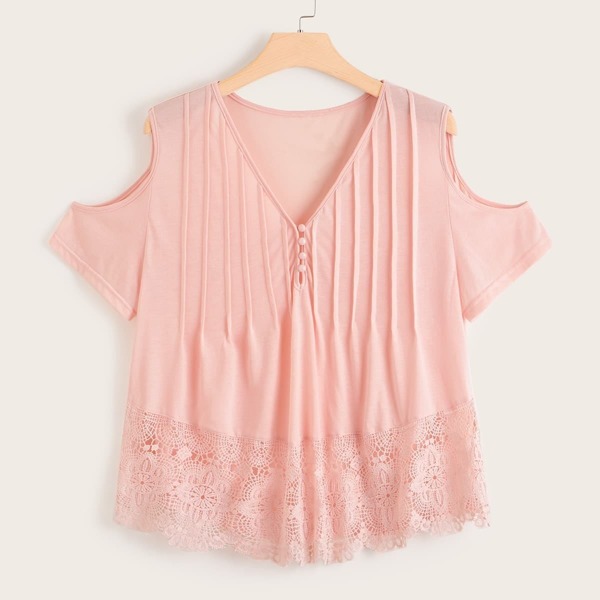 

Plus Cold Shoulder Contrast Lace Tee