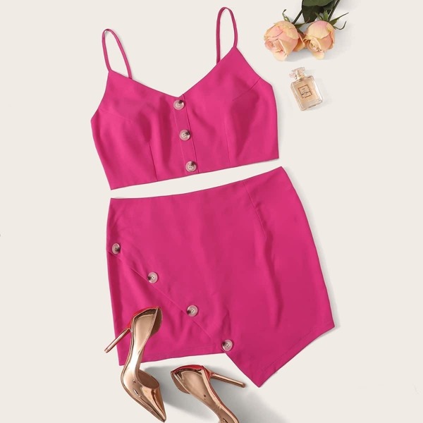 

Plus Button Front Cami Top With Asymmetrical Hem Skirt