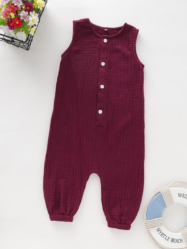 

Toddler Girls Button Front Half Placket Sleeveless Jumpsuit, Burgundy