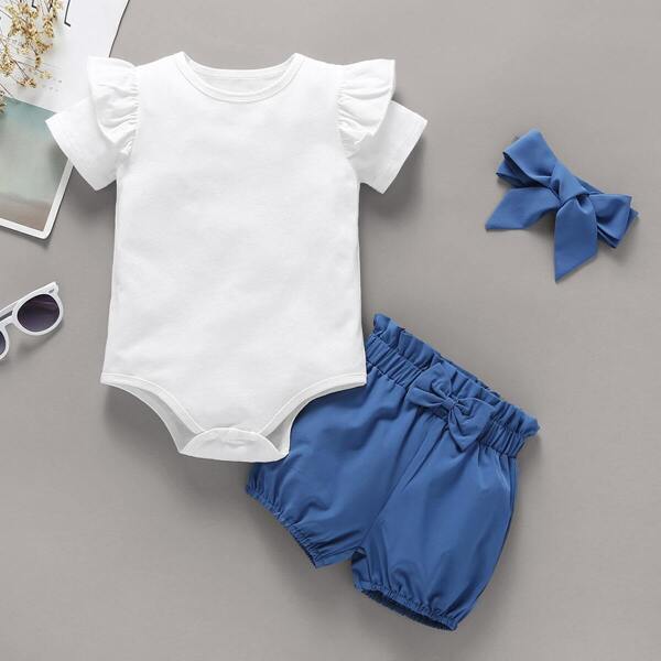 

Baby Girl Ruffle Trim Romper & Bow Paperbag Shorts & Headband, Multicolor