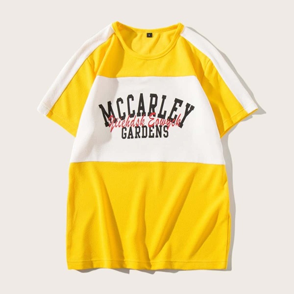 

Men Cut And Sew Letter Print Tee, Yellow