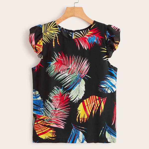 

Tropical Print Ruffle Cuff Blouse
