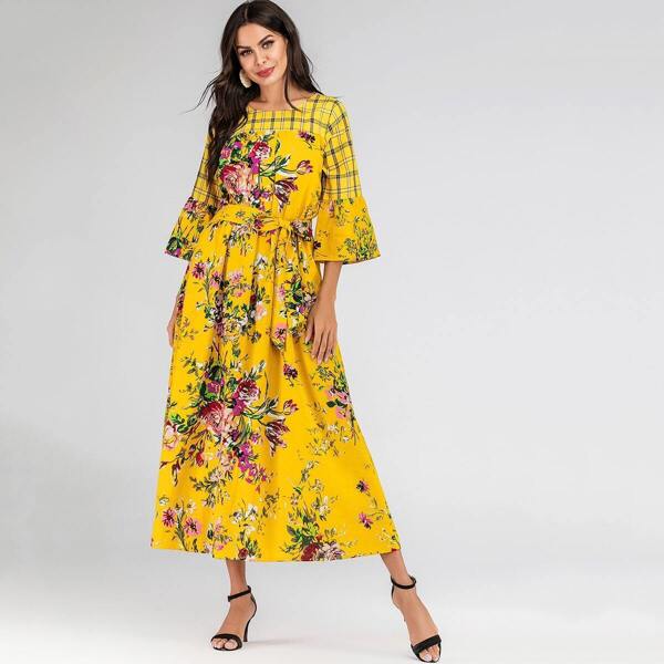 

Floral & Plaid Print Flounce Sleeve Belted Maxi Dress, Yellow