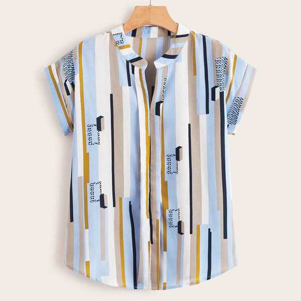 

V-neck Multi-Stripe Rolled Cuff Blouse, Multicolor