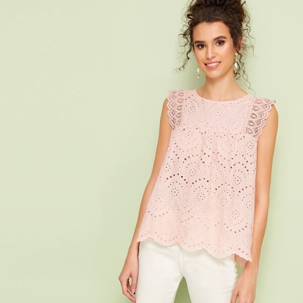 

Eyelet Embroidery Lace Panel Blouse, Pink