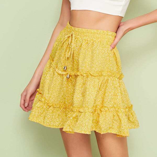 

Ditsy Floral Drawstring Waist Frill Trim Skirt, Yellow