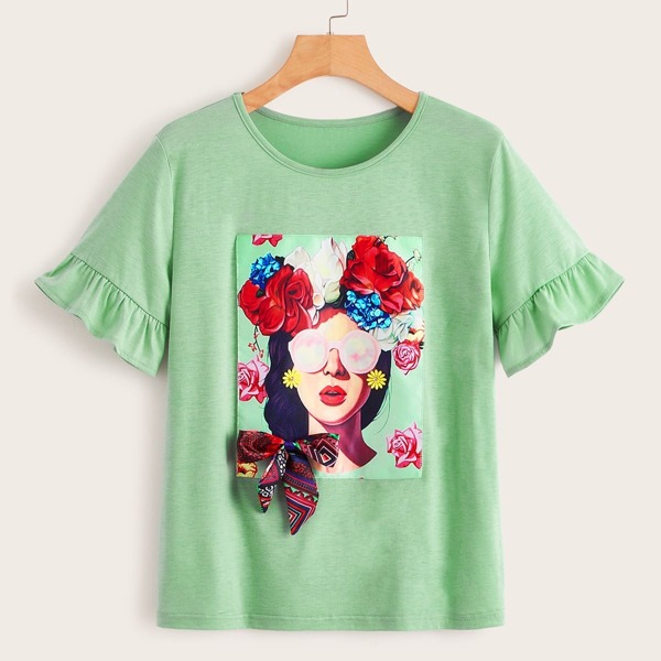

Floral & Figure Graphic Flounce Sleeve Tee, Green