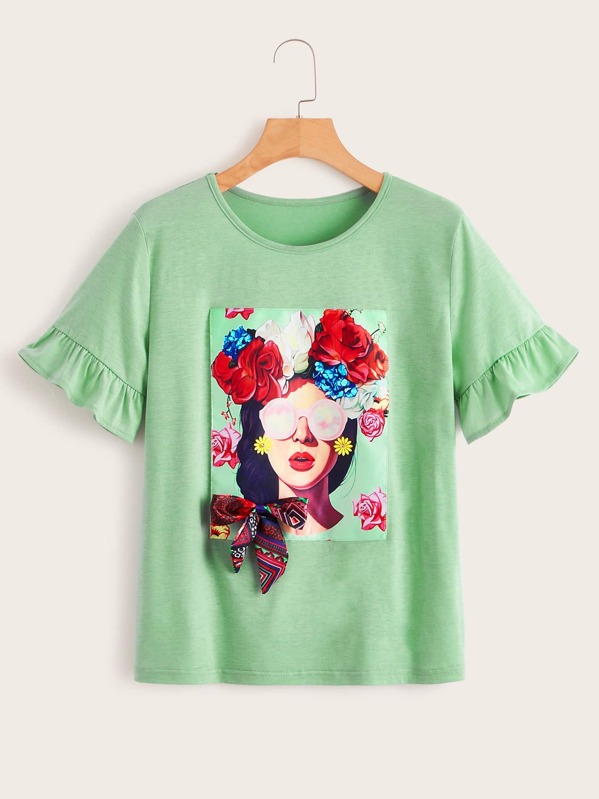 

Floral & Figure Graphic Flounce Sleeve Tee, Green