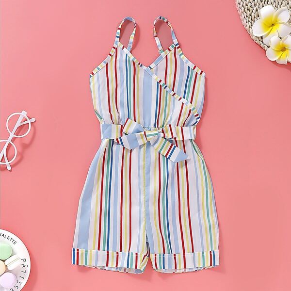 

Toddler Girls Colorful Striped Belted Cami Romper, Multicolor