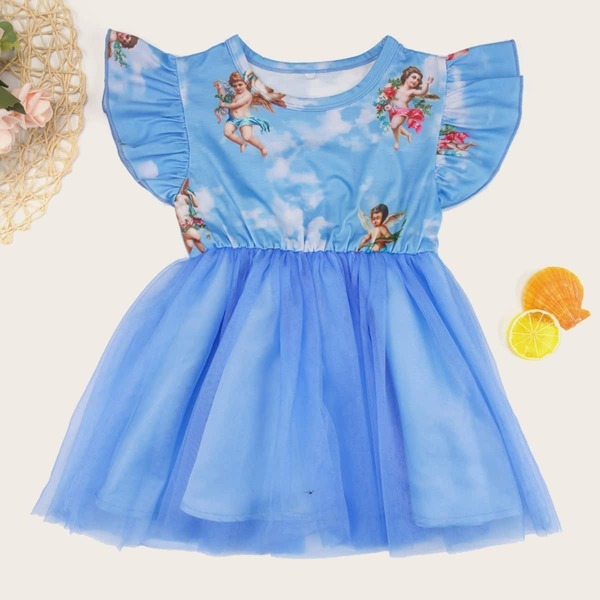 

Toddler Girls Mesh Panel Angel Print Dress
