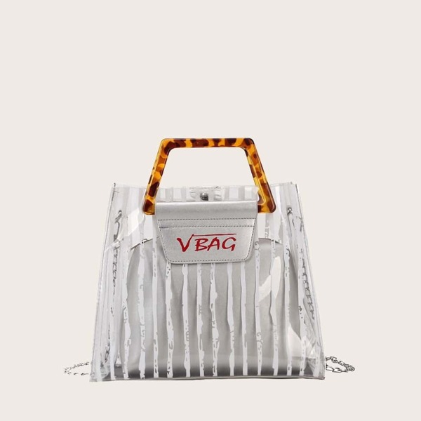 

Striped Satchel Bag With Leopard Handle
