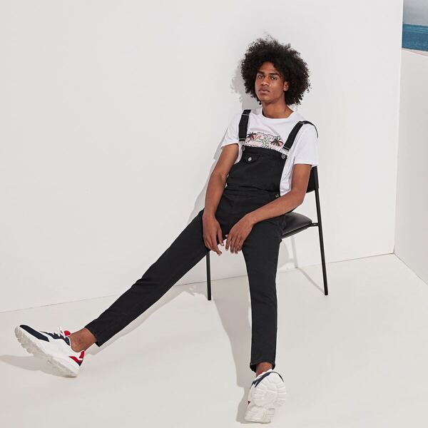 

Men Metal Button Pocket Denim Overalls