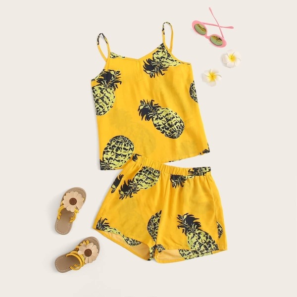 

Girls Pineapple Print Cami Top and Shorts PJ Set, Yellow bright