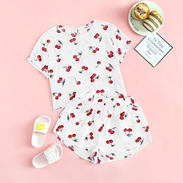 

Girls Cherry Print Tee and Elastic Waist Shorts PJ Set