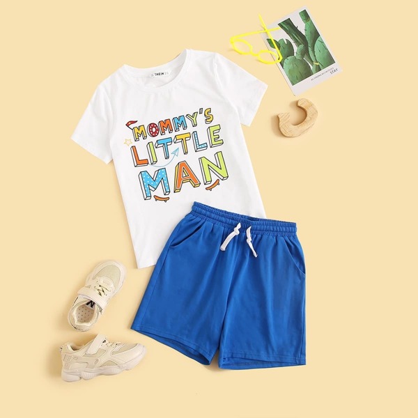 

Boys Slogan Print Tee and Slant Pocket Shorts Set, Multicolor