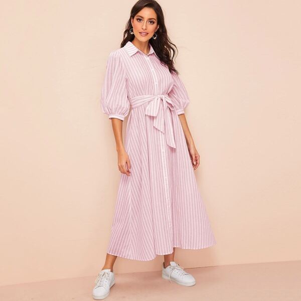 

Lantern Sleeve Self Belted Shirt Hijab Dress, Pink