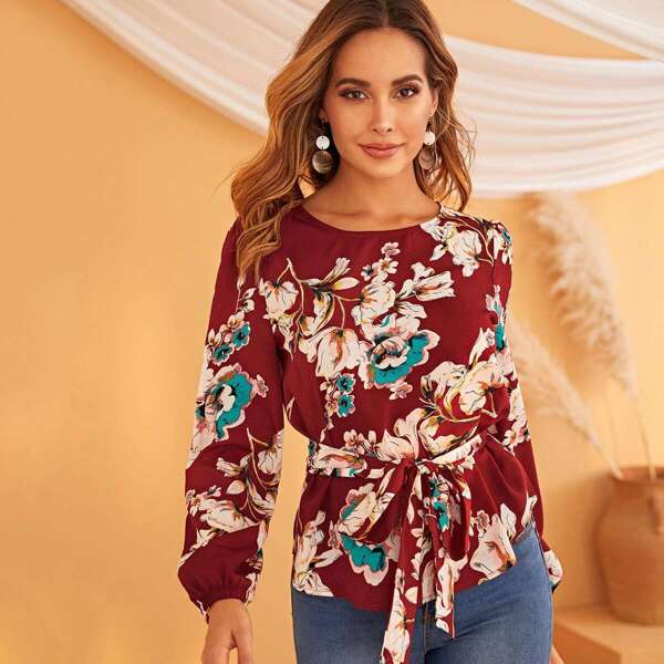 

Floral Print Self Belted Top