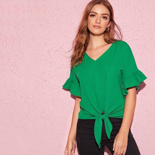 

Ruffle Cuff Knot Hem Top, Green