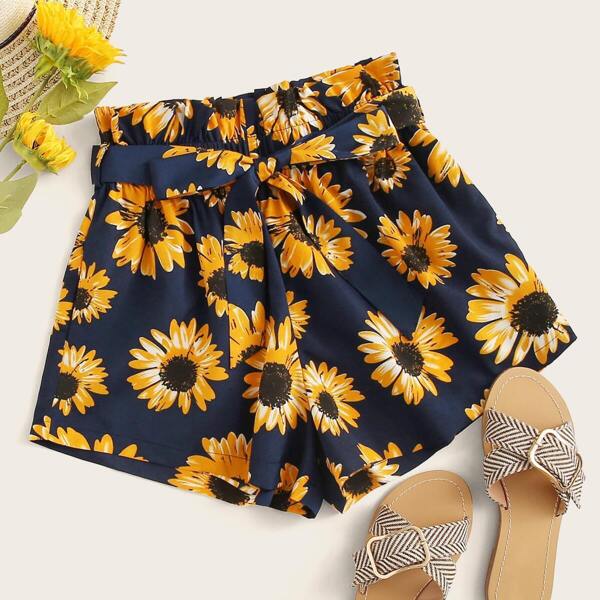 

Sunflower Print Paperbag Waist Belted Shorts, Multicolor