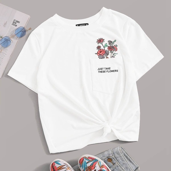 

Slogan and Floral Print Pocket Patched Tee, White