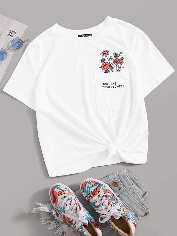 

Slogan and Floral Print Pocket Patched Tee, White