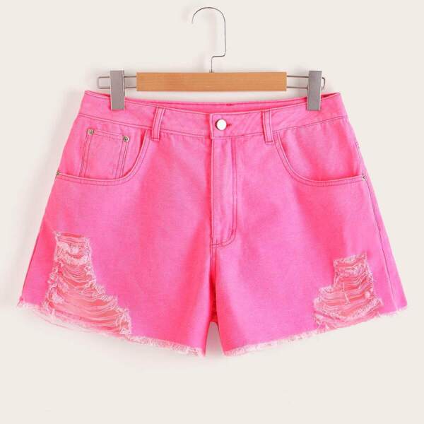 

Plus Raw Hem Ripped Neon Pink Denim Shorts