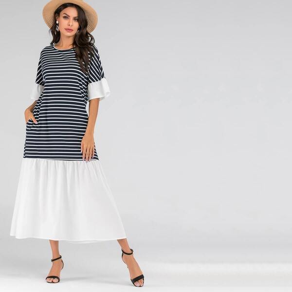 

Striped Print Flounce Sleeve Maxi Dress, Black and white