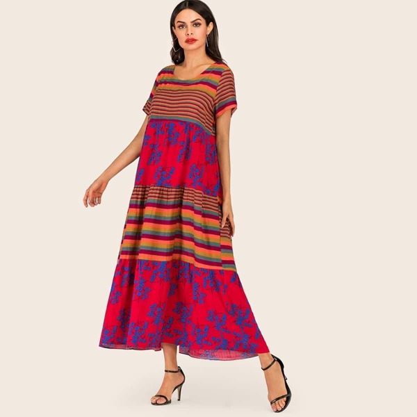 

Rainbow Stripe & Ditsy Floral Print Maxi Dress