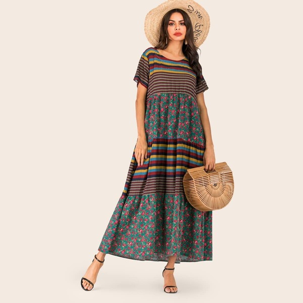 

Rainbow Stripe & Ditsy Floral Print Maxi Dress
