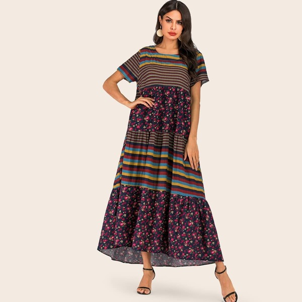 

Rainbow Stripe & Ditsy Floral Print Maxi Dress
