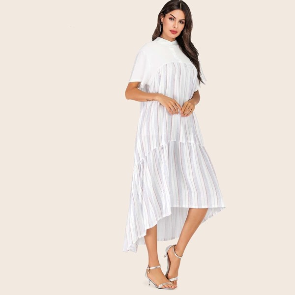 

Striped Button Half Placket Dress, White