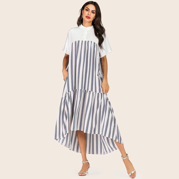 

Striped Button Half Placket Dress