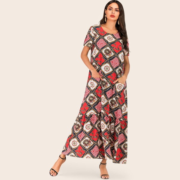 

Ruffle Hem Geometric Print Maxi Dress, Pink