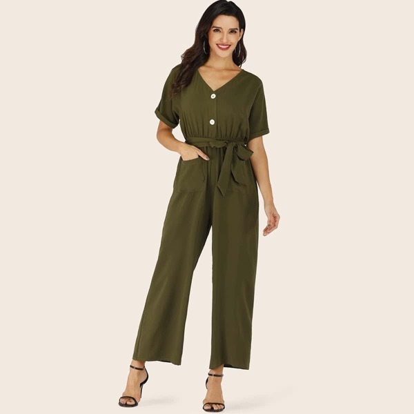 

Button Half Placket Belted Wide Leg Jumpsuit