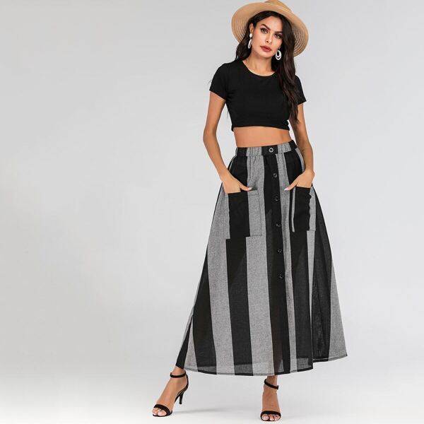 

Striped Dual Pocket Front Button Front Maxi Skirt