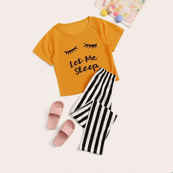 

Girls Eyelash & Letter Graphic Striped Pajama Set, Multicolor