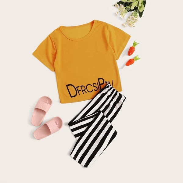

Girls Letter Graphic Striped Pajama Set, Multicolor