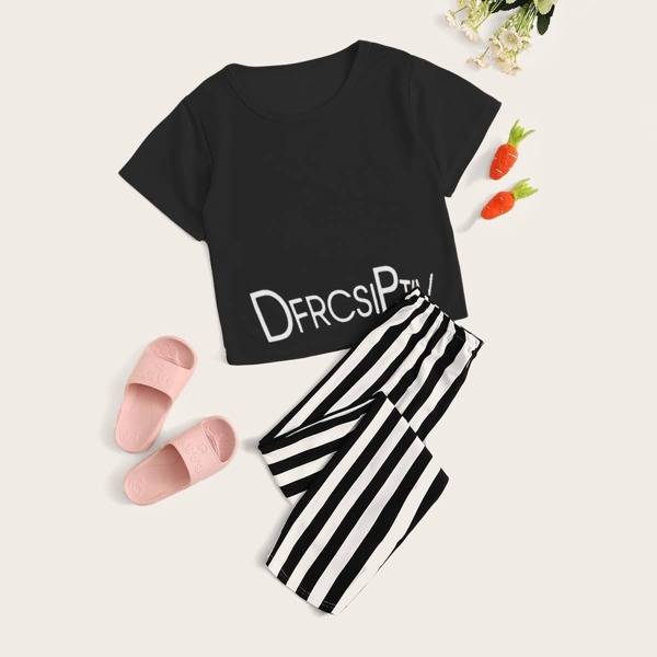 

Girls Letter Graphic Striped Pajama Set, Black and white
