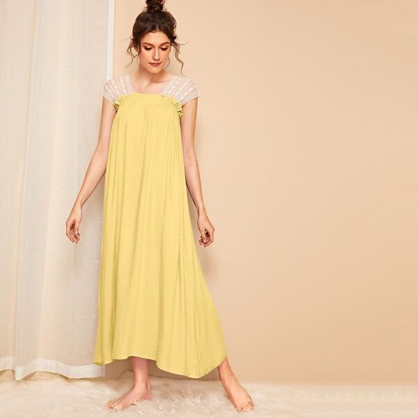 

Contrast Lace Frill Trim Night Dress, Yellow
