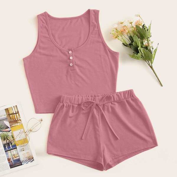 

Button Front Tank Top With Shorts PJ Set