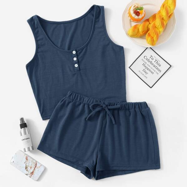 

Button Front Tank Top With Shorts PJ Set