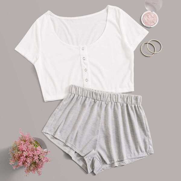 

Eyelet Detail Crop Top With Shorts PJ Set