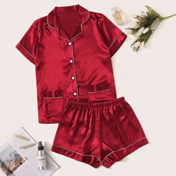 

Contrast Binding Satin Shirt With Shorts PJ Set, Burgundy