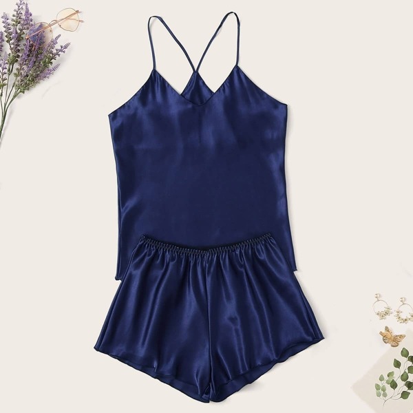 

Satin Cami Top With Shorts PJ Set, Navy