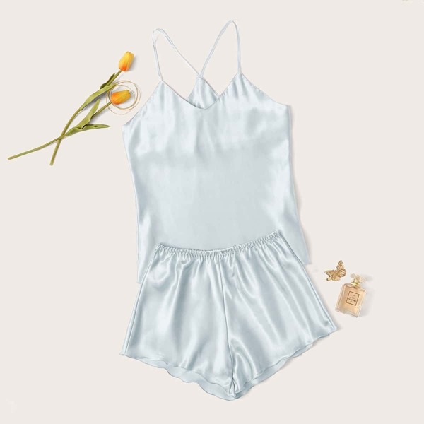 

Satin Cami Top With Shorts PJ Set, Blue