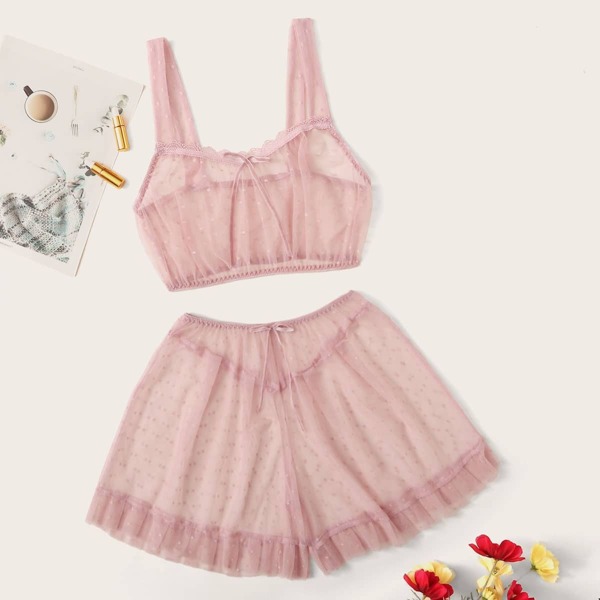 

Polka Dot Mesh Ruffle Hem Sheer Lingerie Set, Pastel dusty pink
