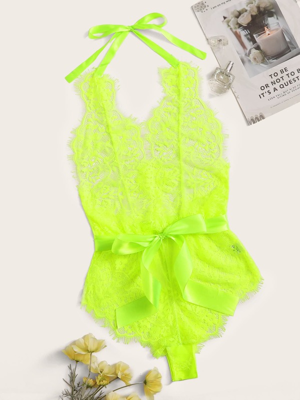 

Neon Green Floral Lace Halter Teddy Bodysuit