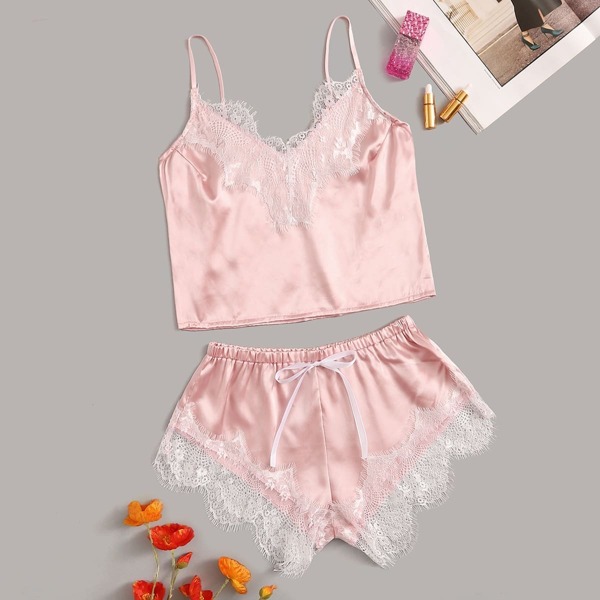 

Floral Lace Satin Cami With Shorts, Pink